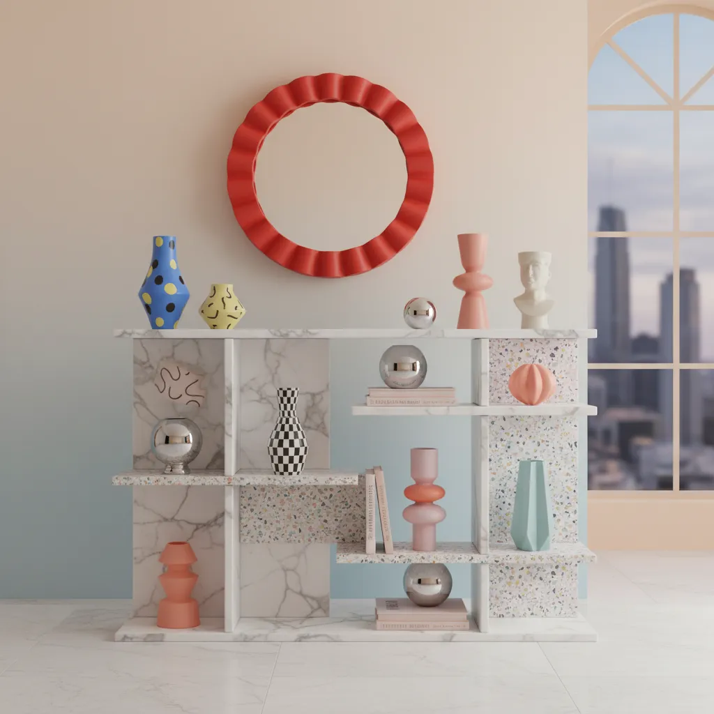 Detalles decorativos postmodernos con formas y materiales contrastantes