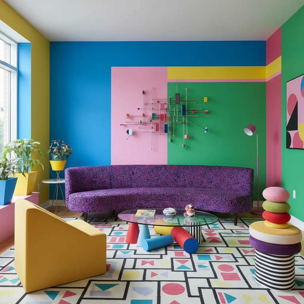 Sala de estar con patrones geométricos y colores contrastantes