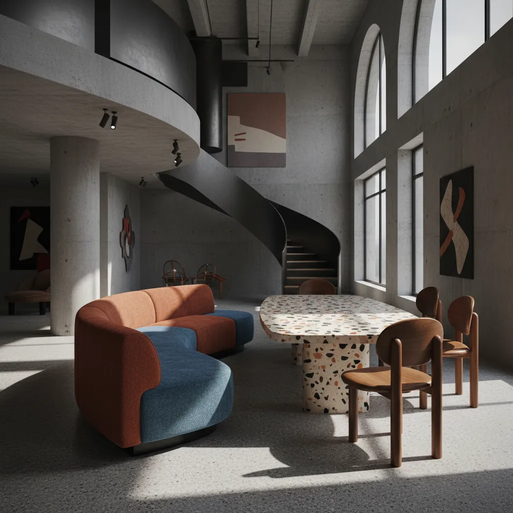 Muebles escultóricos en un interior contemporáneo postmoderno