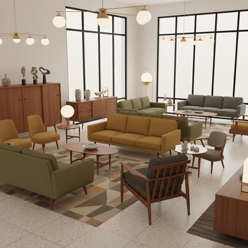 1950s modern furniture showroom displaying mid century chairs and sofas