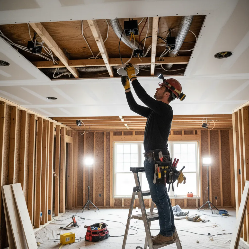 Electrician installing recessed pot lights and wiring inside a ceiling cavity