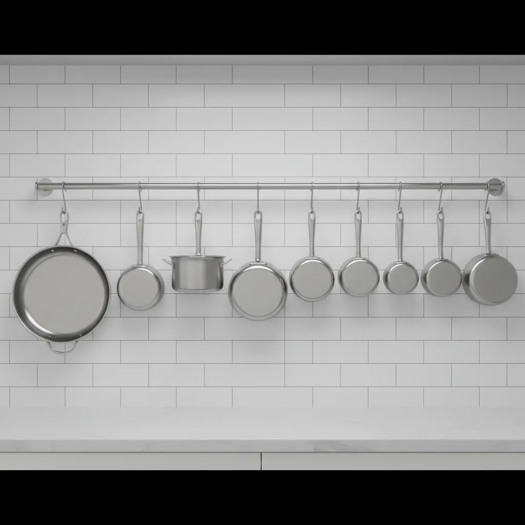 Kitchen wall rail with evenly spaced hooks holding cookware