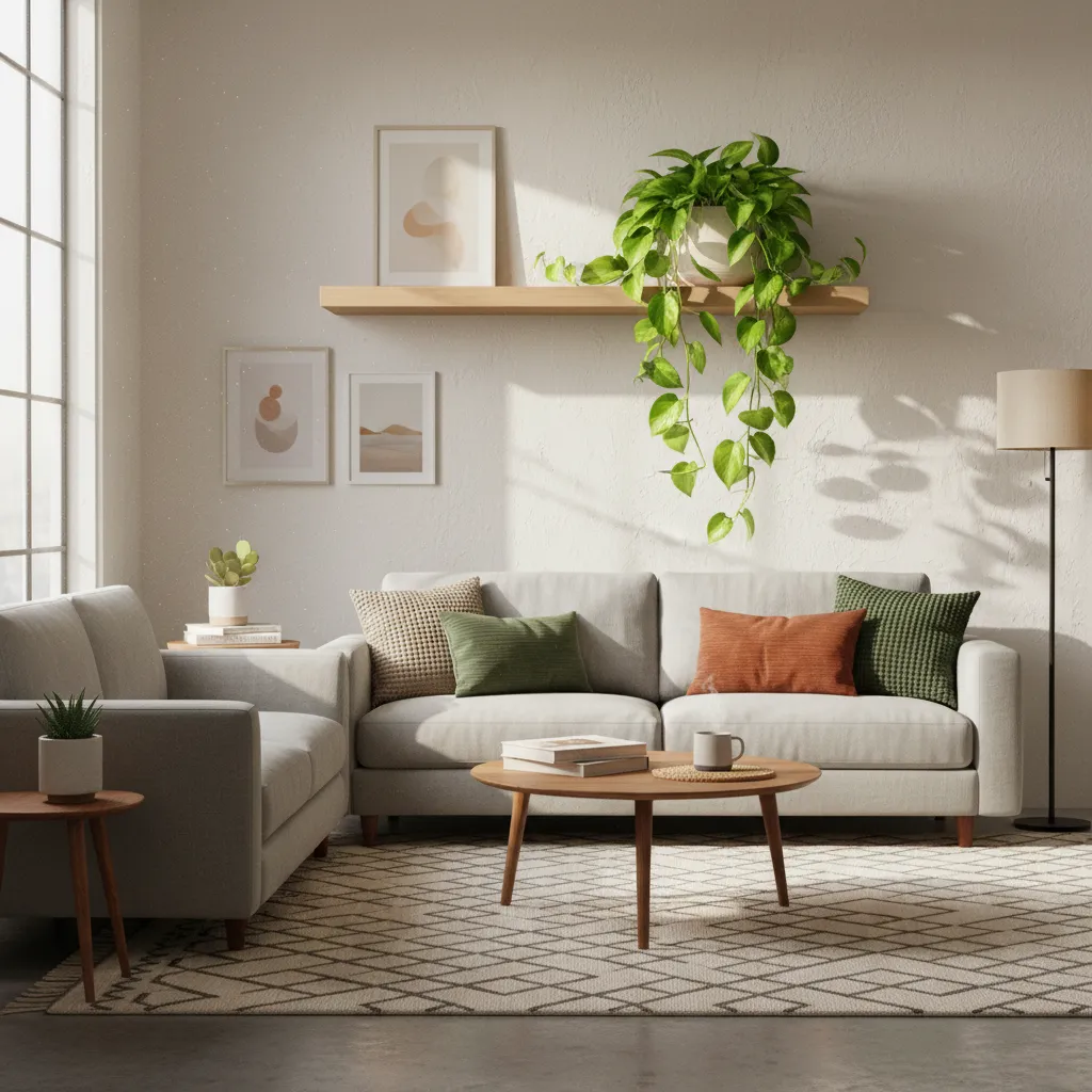 Planta pothos colgando desde una estantería en un salón