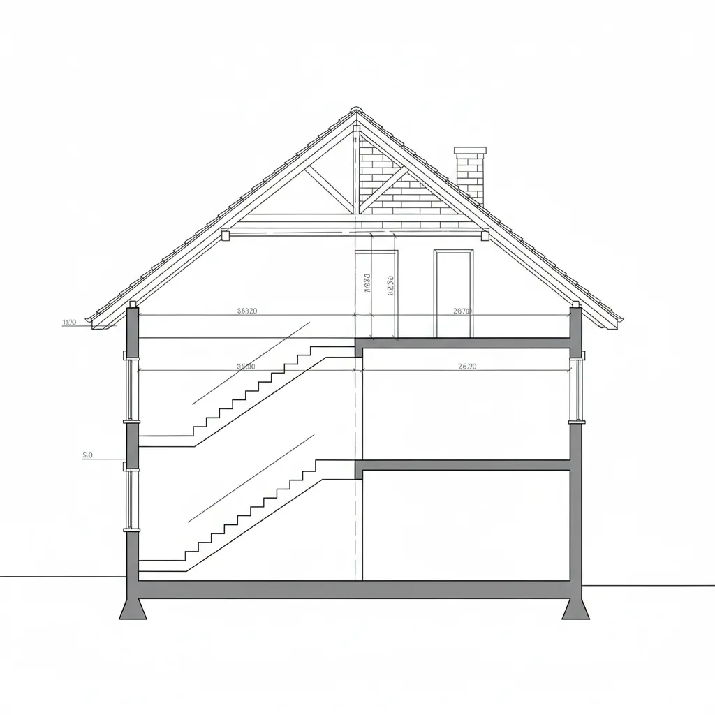 Gambar potongan rumah dua lantai memperlihatkan struktur tangga dan tinggi lantai