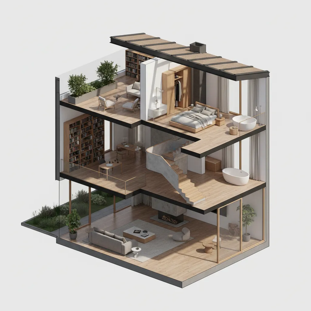 Visualisasi potongan rumah dalam model tiga dimensi
