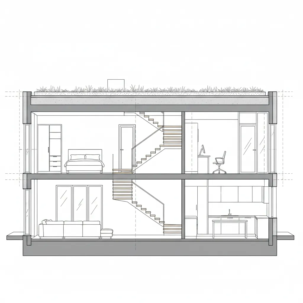 Interior design drawing showing two story house side view with bedroom living room and kitchen