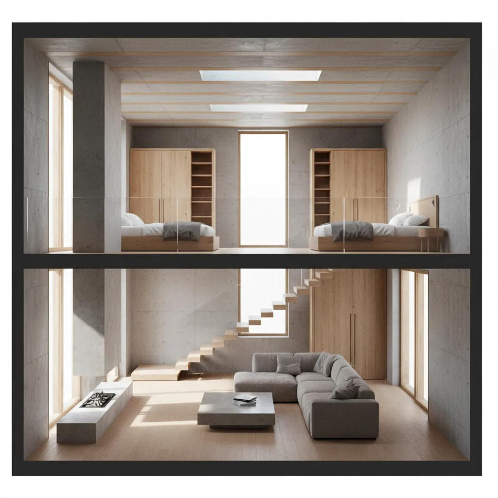 Potongan rumah dua lantai yang memperlihatkan hubungan ruang vertikal