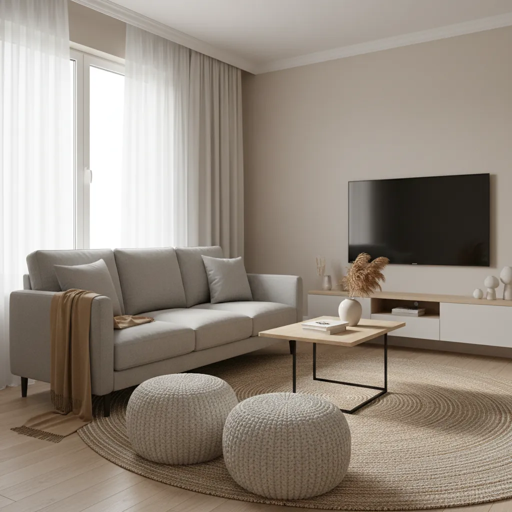 Living room with poufs used as flexible extra seating