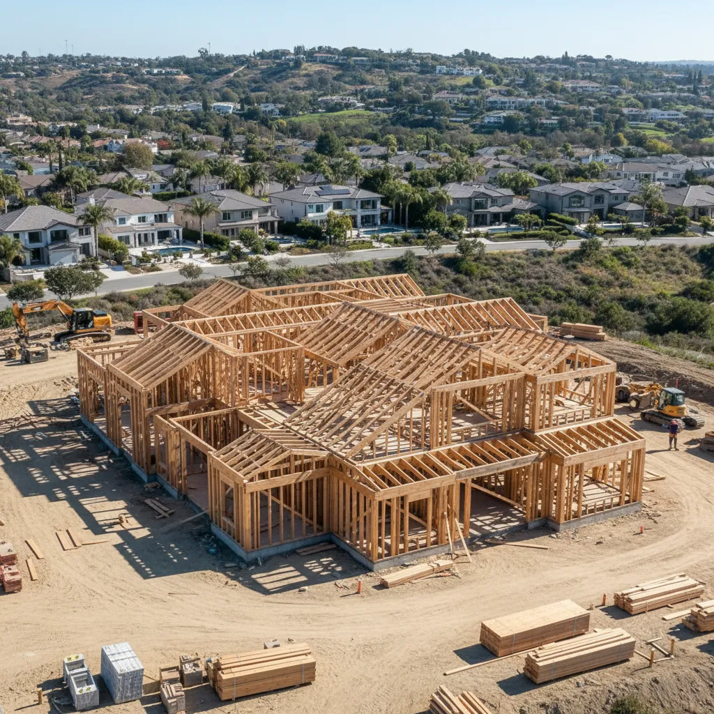 Large wooden house frame under construction in sunny suburban neighborhood with hills in the distance