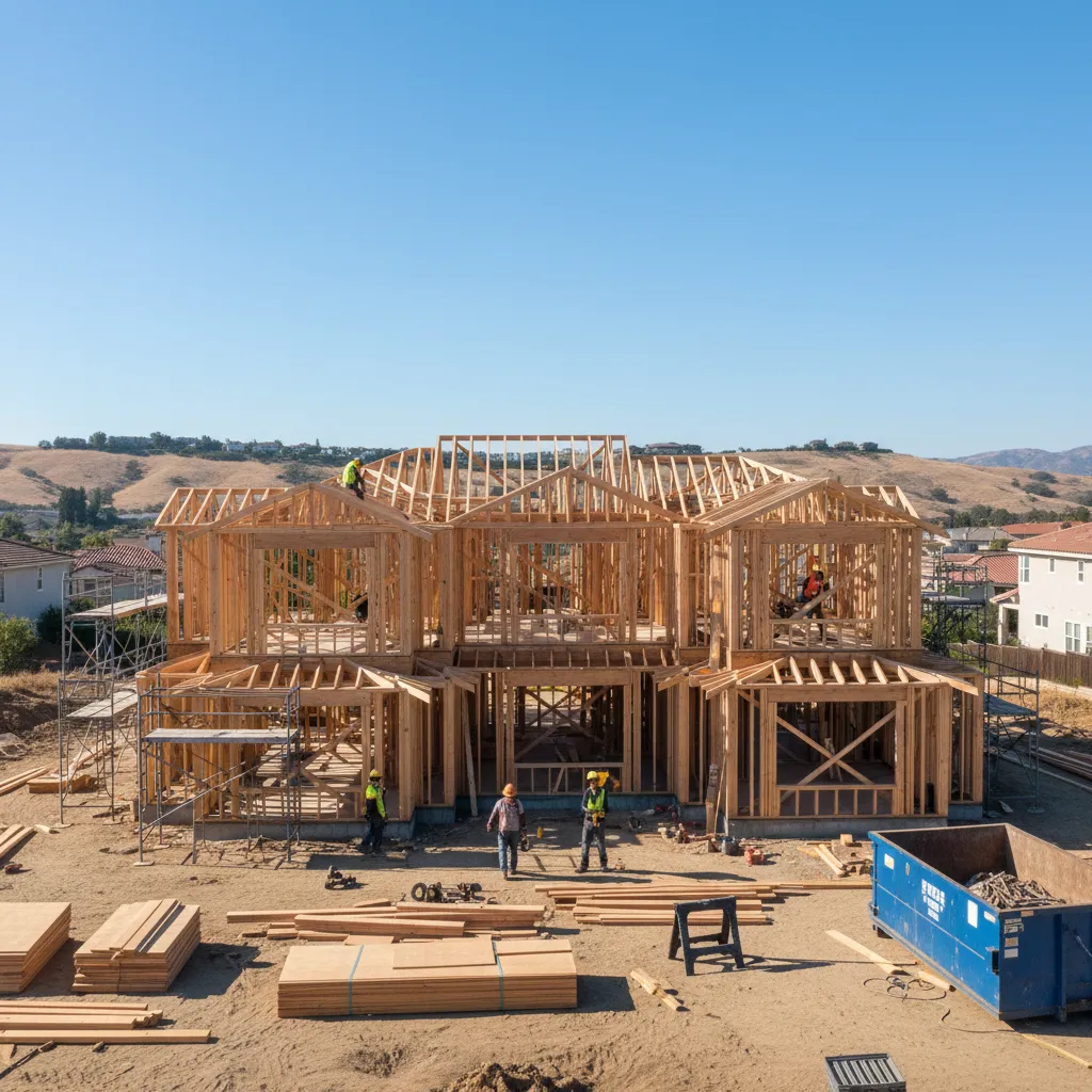 Two story wooden house frame under construction with workers and building materials under blue sky