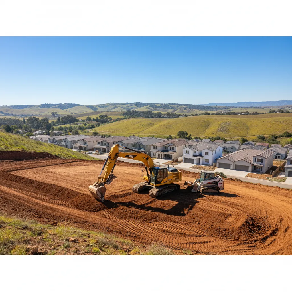 Yellow excavator leveling red ground at construction site with suburban houses and green hills behind
