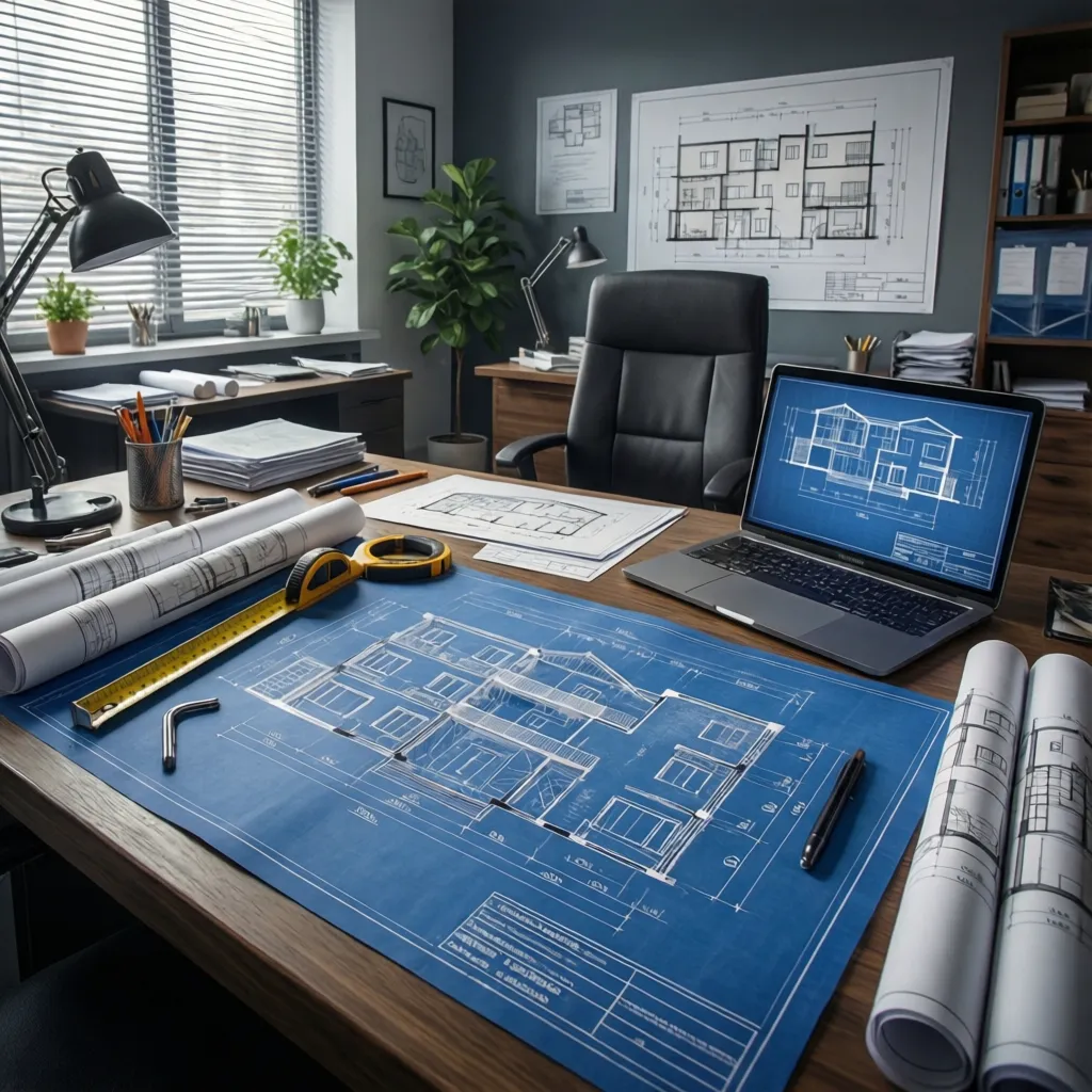 Interior design drawing of house on desk with laptop showing floor plan and office supplies