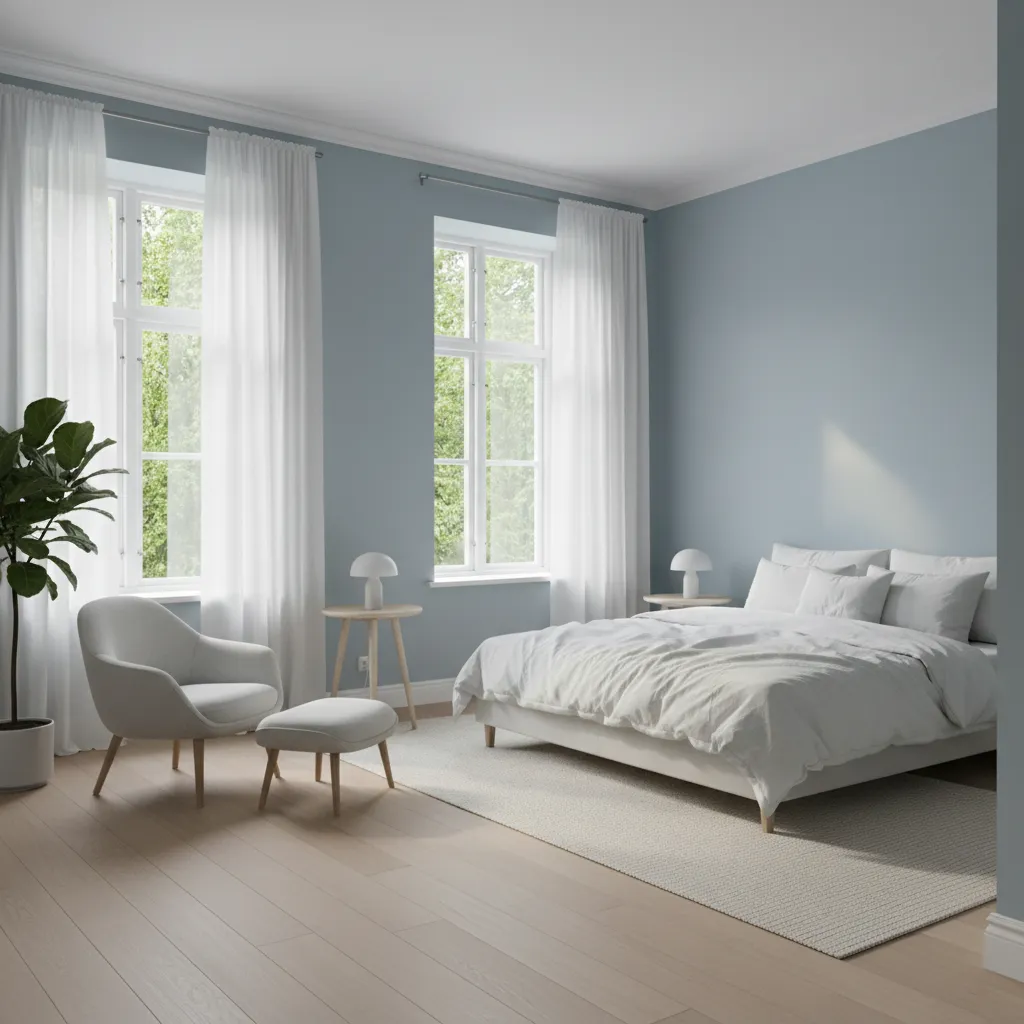 Bright bedroom with powder blue walls and large windows creating an airy atmosphere