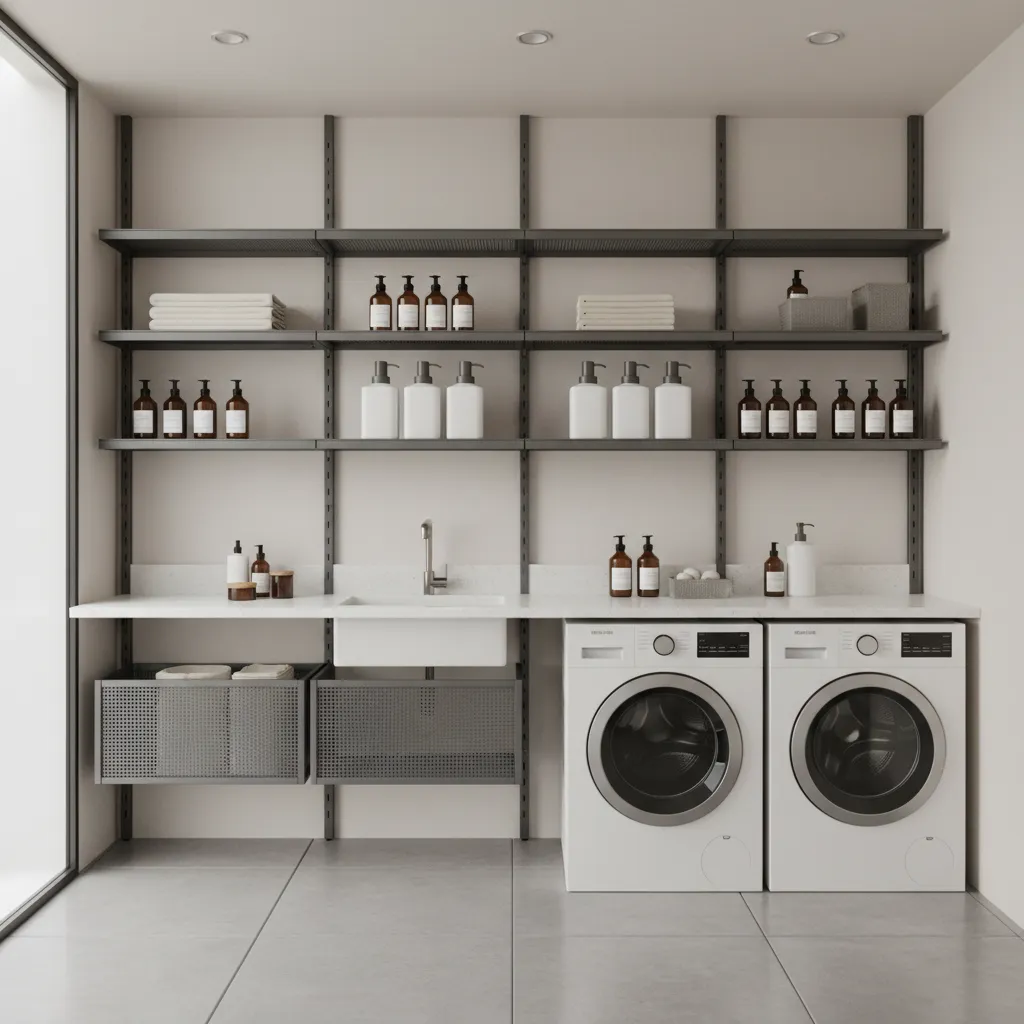 Powder coated metal shelving system in a humid laundry room