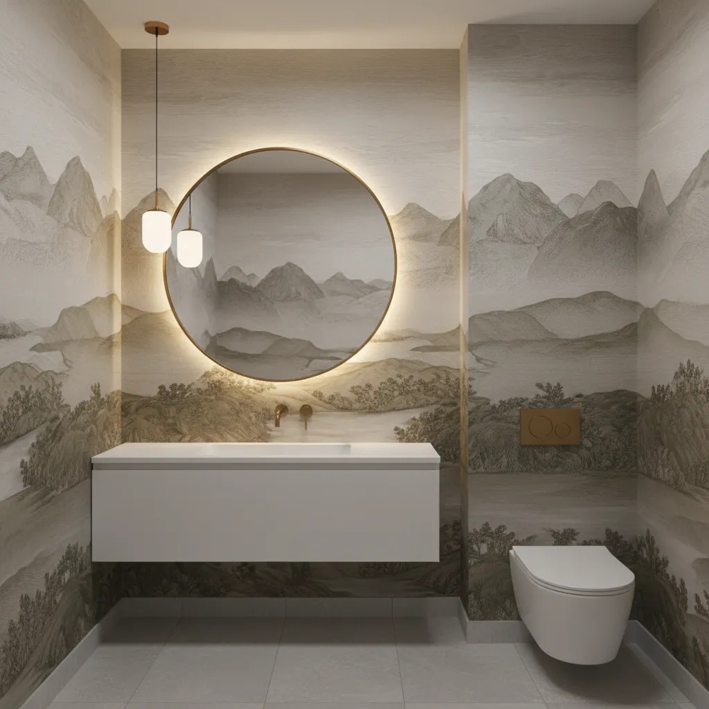Small powder room with scenic mural wallpaper behind vanity