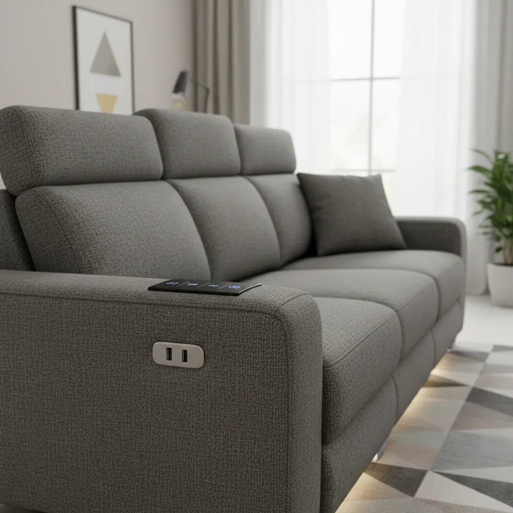 Close-up of power reclining sofa headrest adjustment and USB charging port