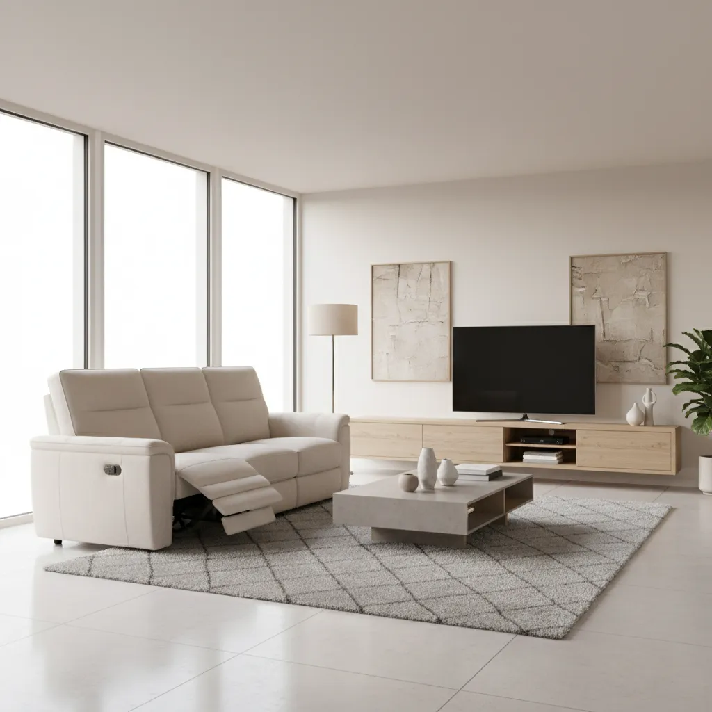 Power reclining sofa in a modern living room with extended footrest