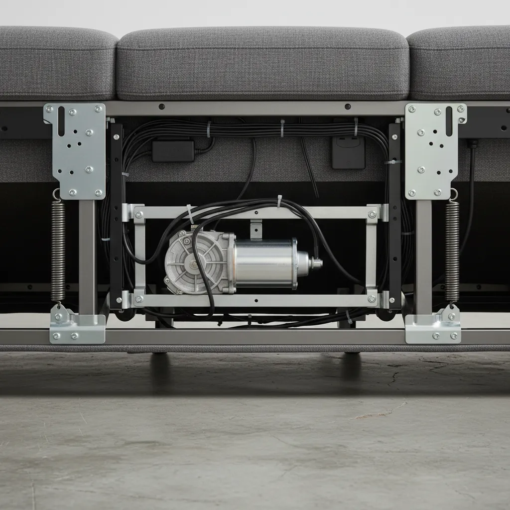 Underneath view of power recliner sofa showing motor and cables
