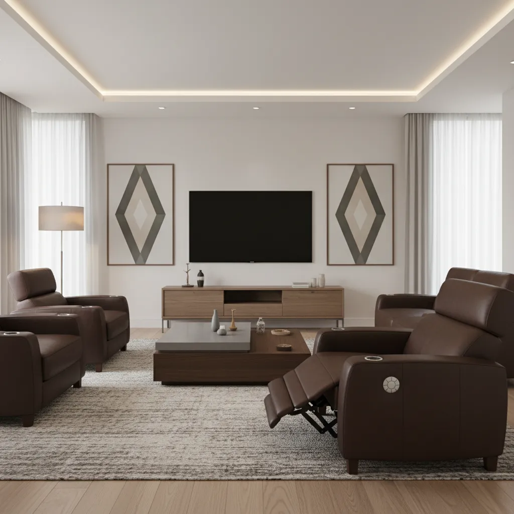 modern power reclining sofa with electric control buttons and extended footrest