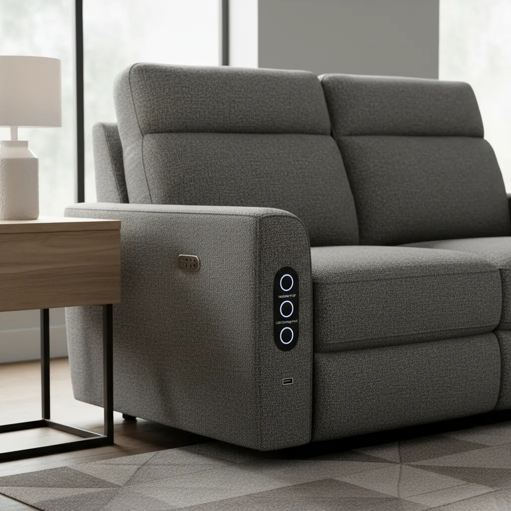 close view of power reclining sofa controls and adjustable headrest