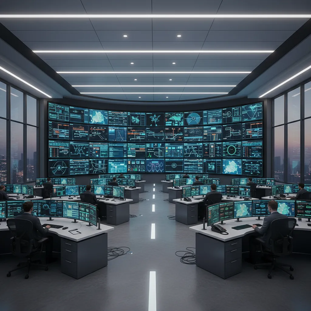 Modern electrical control room with operator desks and large monitoring screens