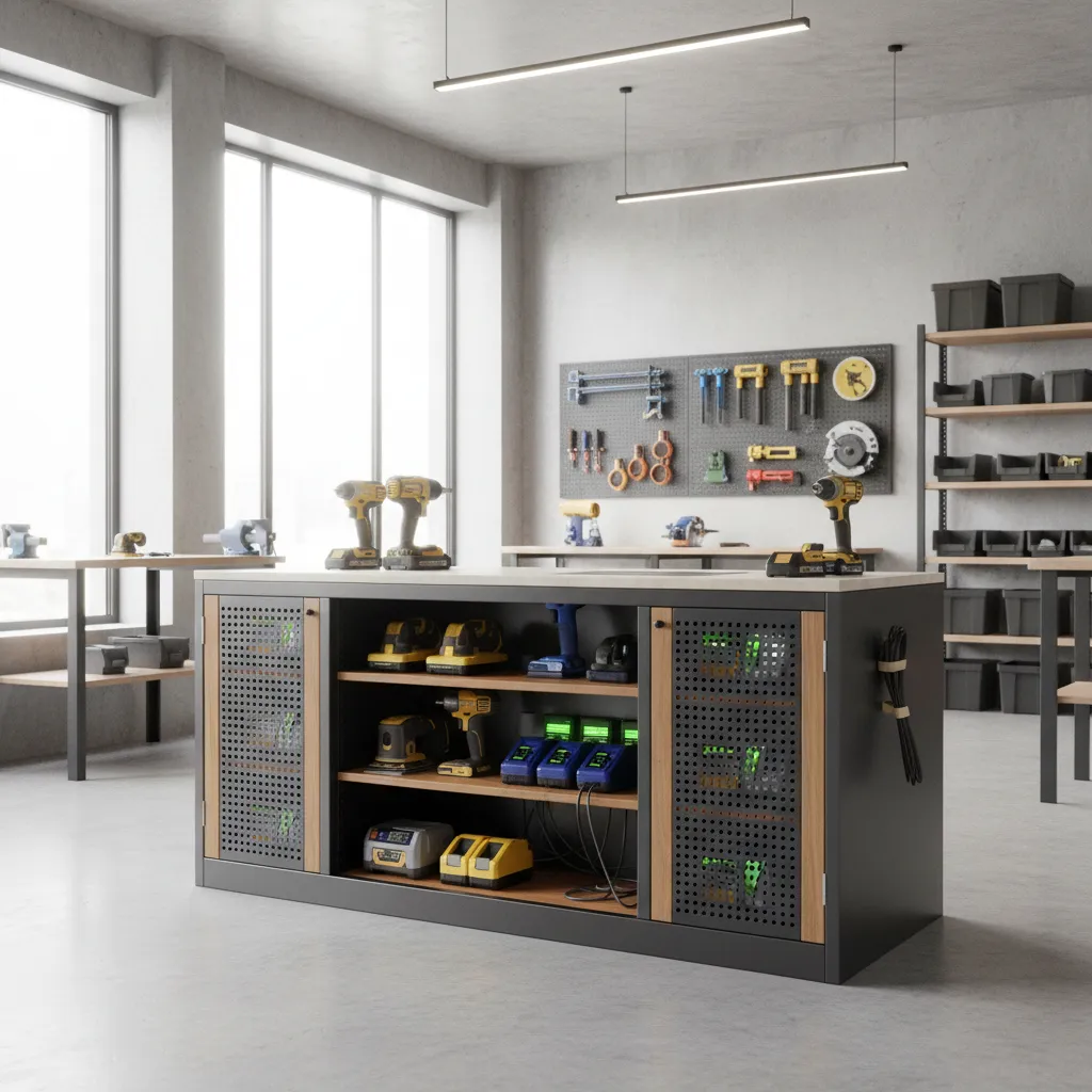 Power tool cabinet with organized battery charging station and ventilation shelves
