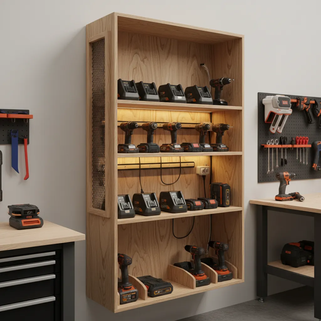 organized cabinet shelf with multiple cordless tool chargers and batteries