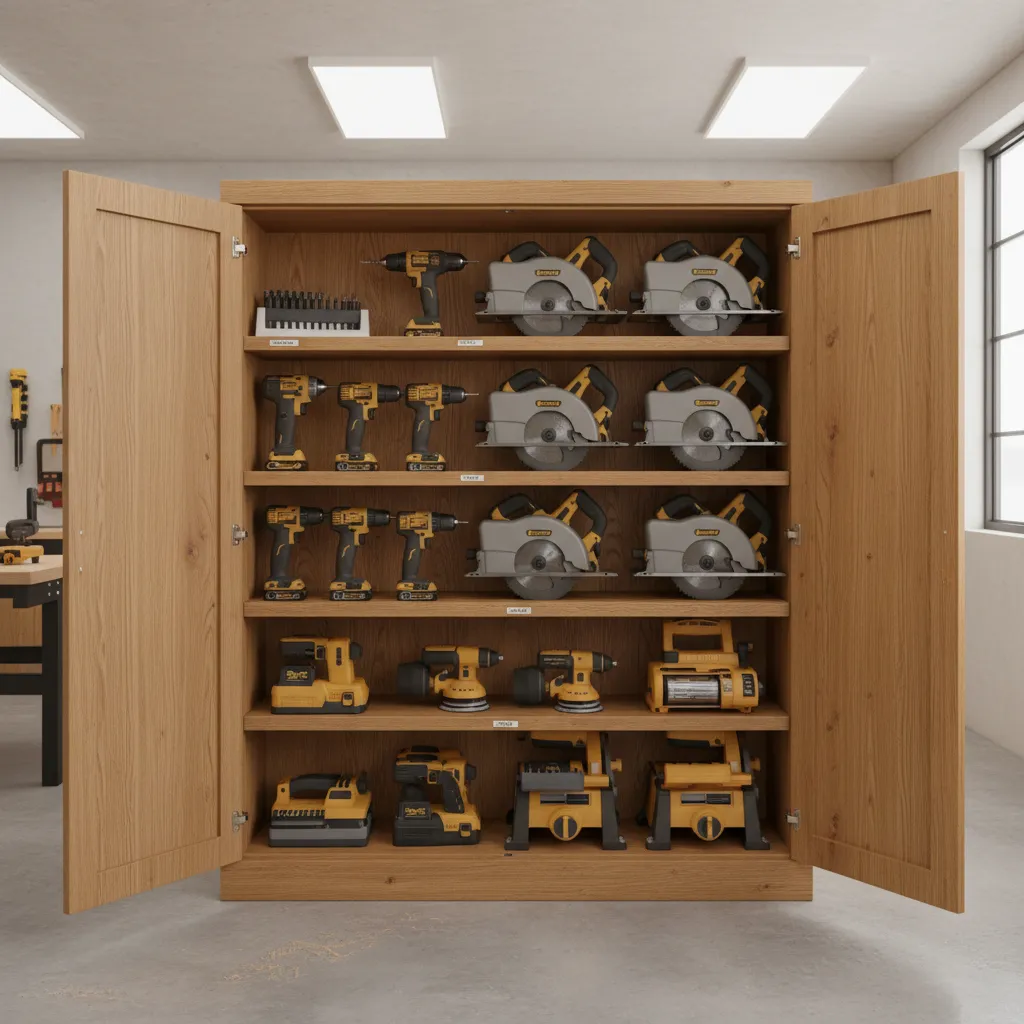organized workshop cabinet showing shelves with power tools arranged efficiently