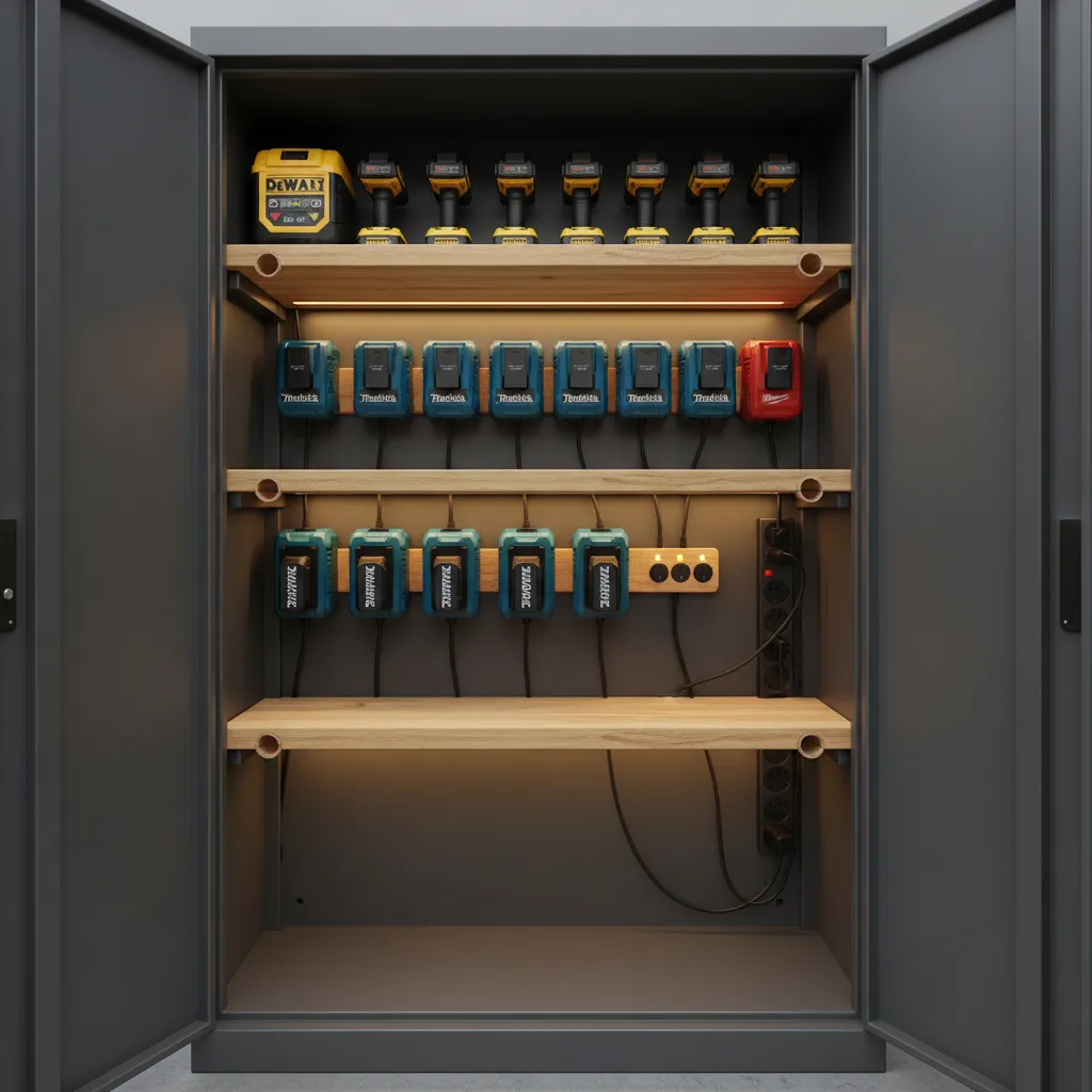 dedicated charging shelf inside a power tool cabinet with organized batteries and cable routing