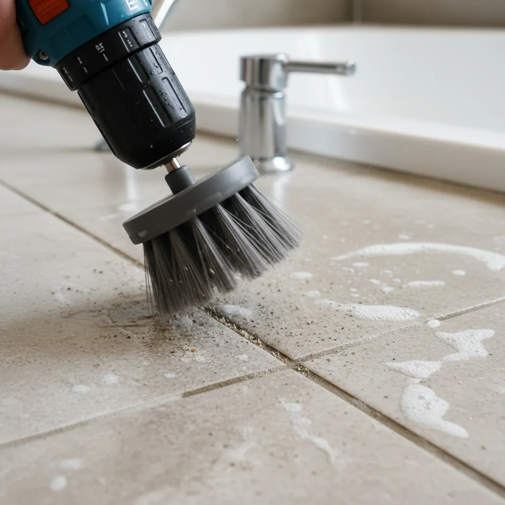 Close-up of drill brush scrubbing dirty grout lines between bathroom tiles