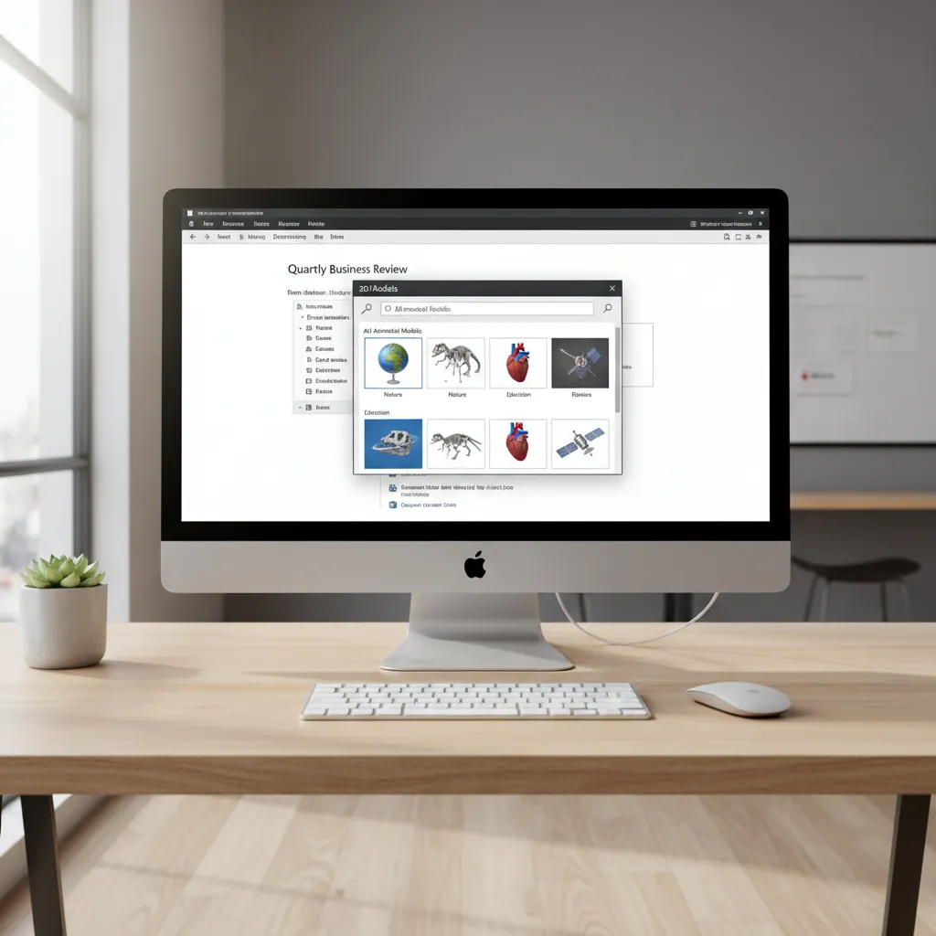 PowerPoint interface showing the built in 3D model library selection window