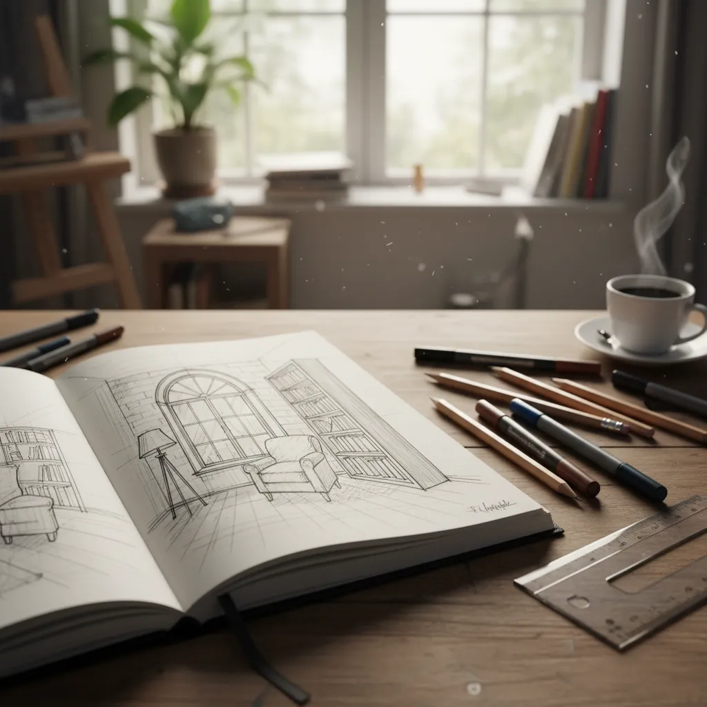 Estudiante practicando dibujo de una habitación en perspectiva