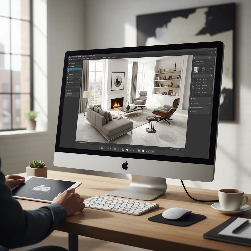 Diseñador reorganizando muebles en un plano digital de habitación