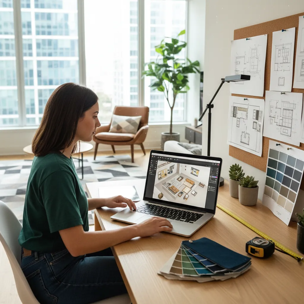 Estudiante practicando diseño de interiores con planos y portátil