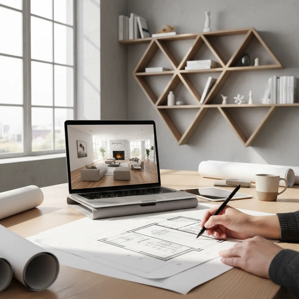 Diseñador creando un nuevo diseño de habitación en un plano