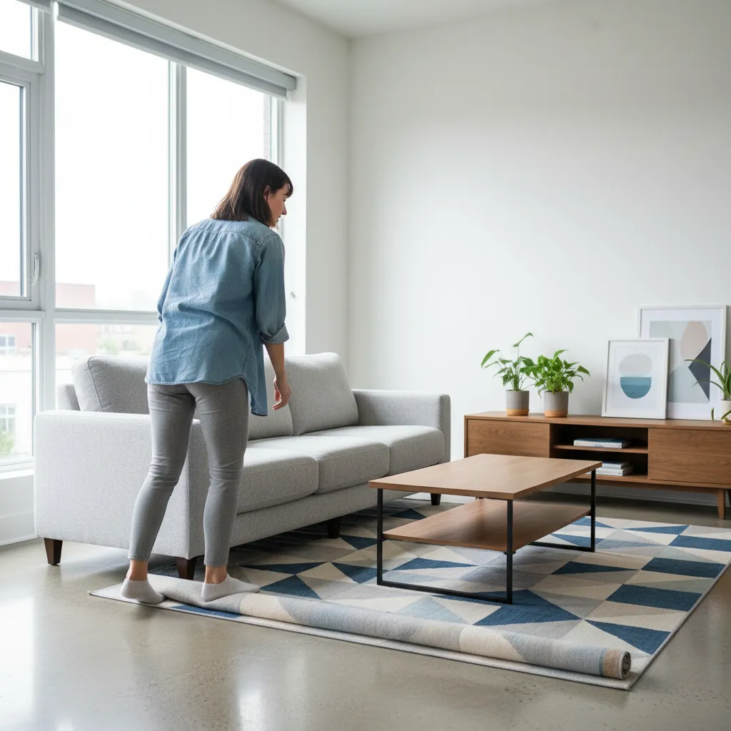 Woman rolling out a blue geometric rug in a bright living room with grey sofa