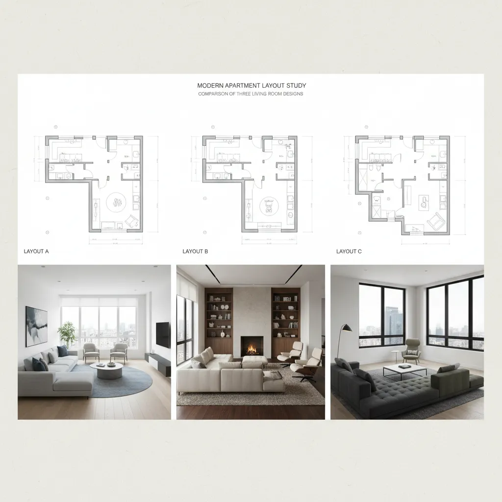 Comparison of three different living room floor plan layouts and their matching interior design drawings
