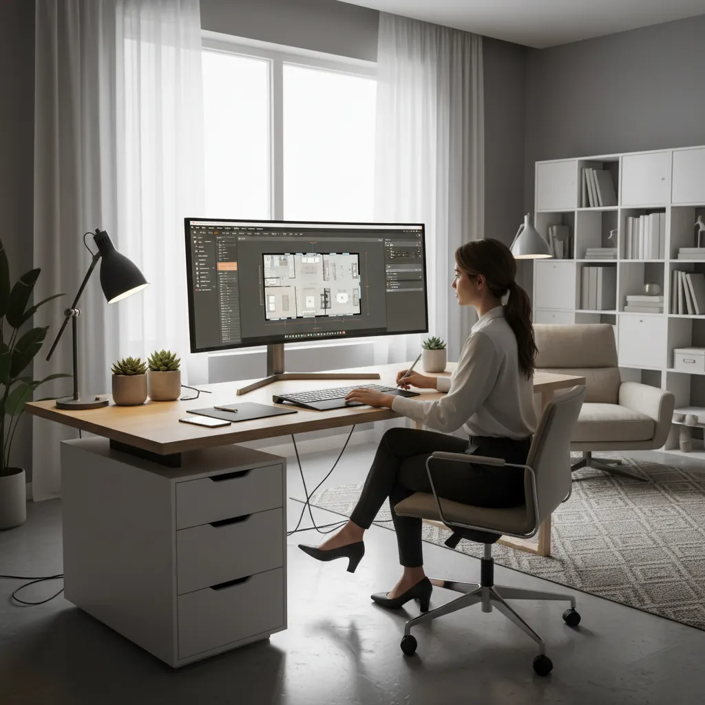 Woman using Coohom to design a room layout on a computer in a white office