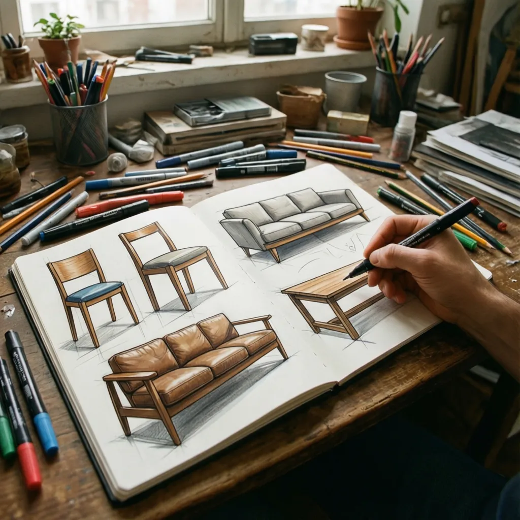 Diseñador practicando bocetos rápidos de muebles en un cuaderno