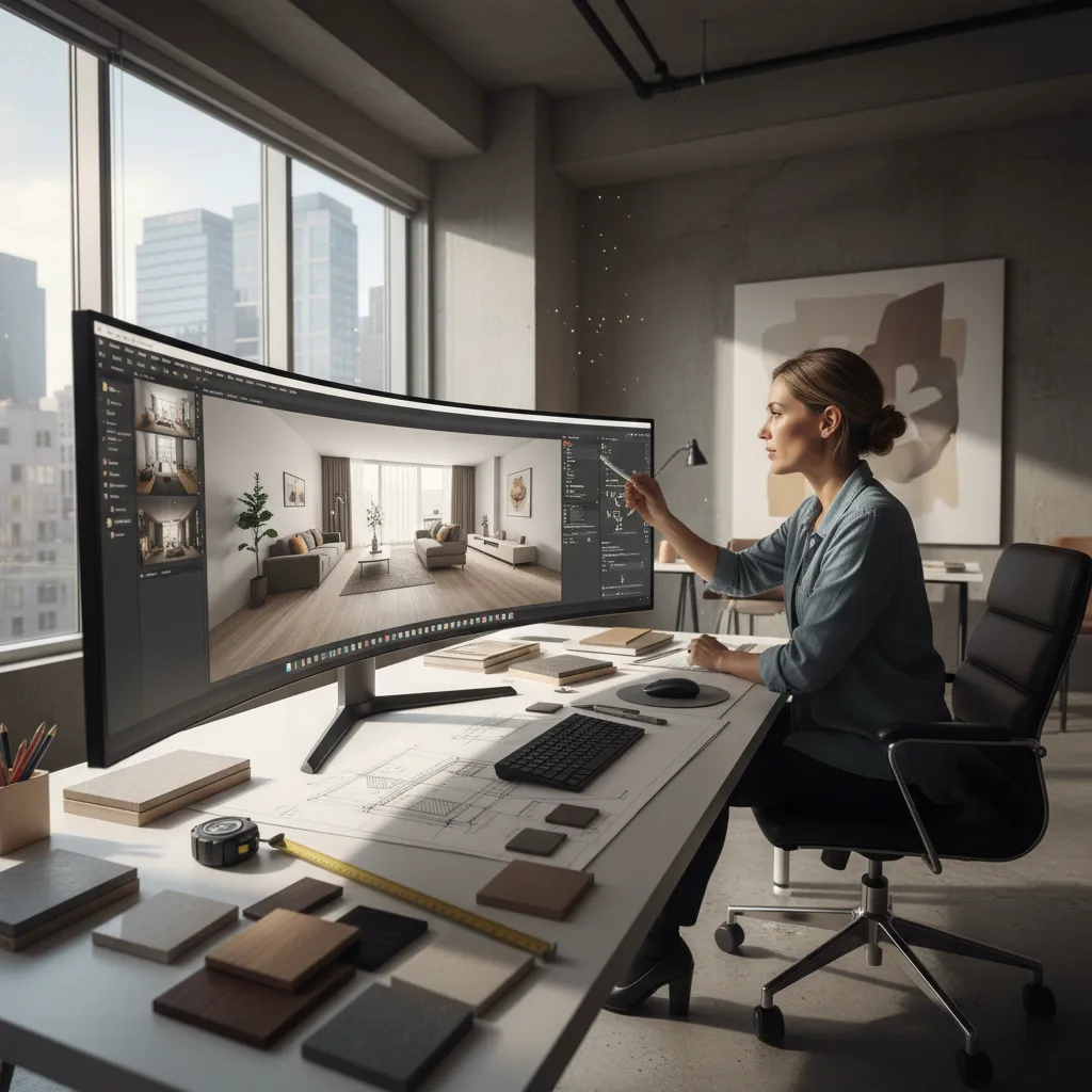 Woman using curved monitor for interior design drawing showing living room layout with grey sofa