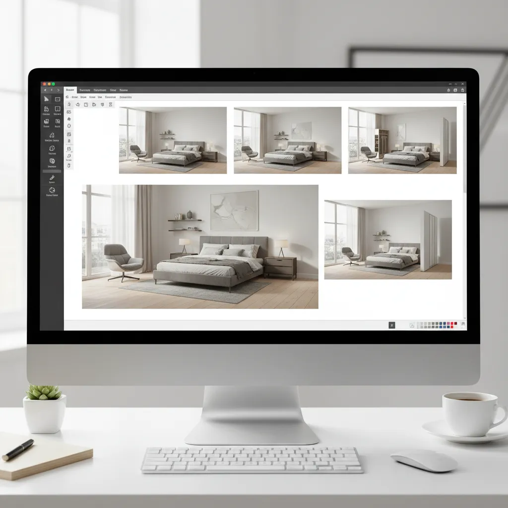 Diseño digital de una habitación con muebles reorganizándose en un software