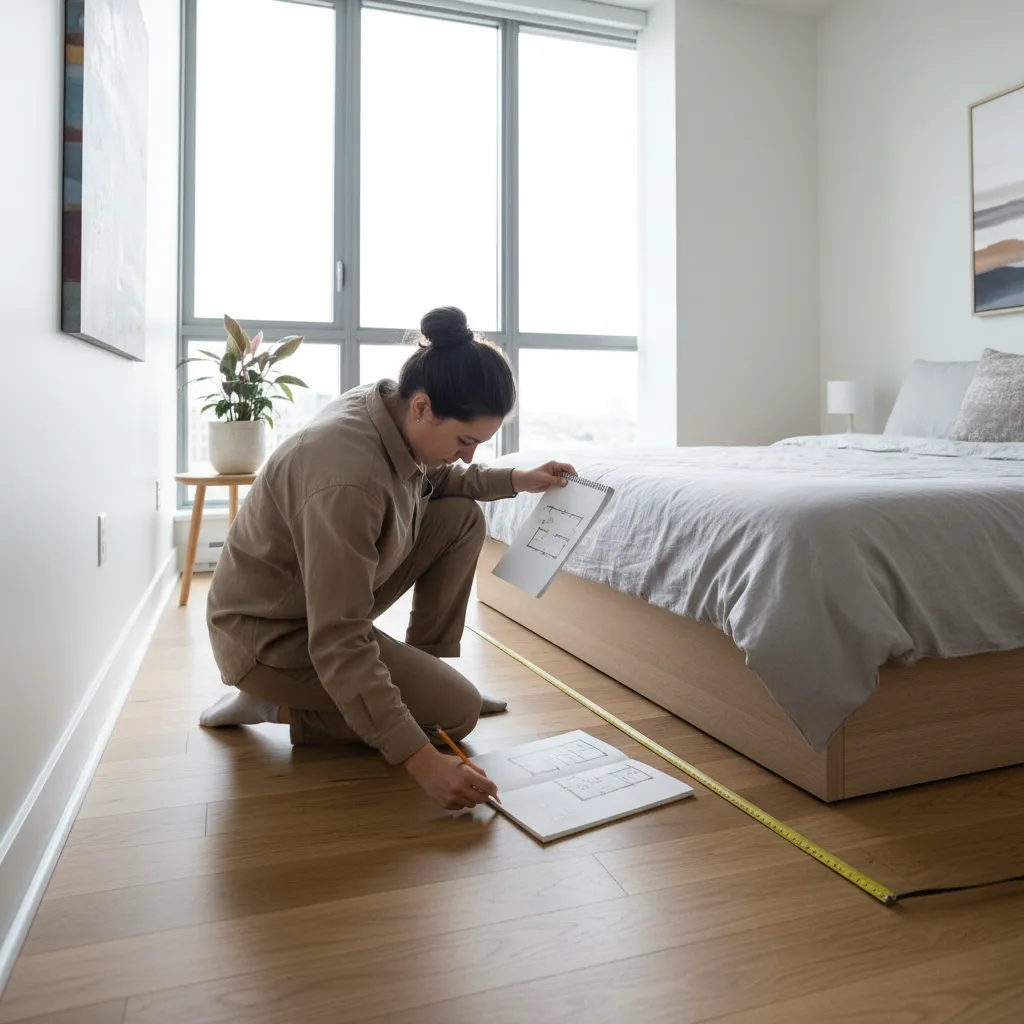Woman measuring a bedroom floor and drawing a floor plan sketch near a large bed