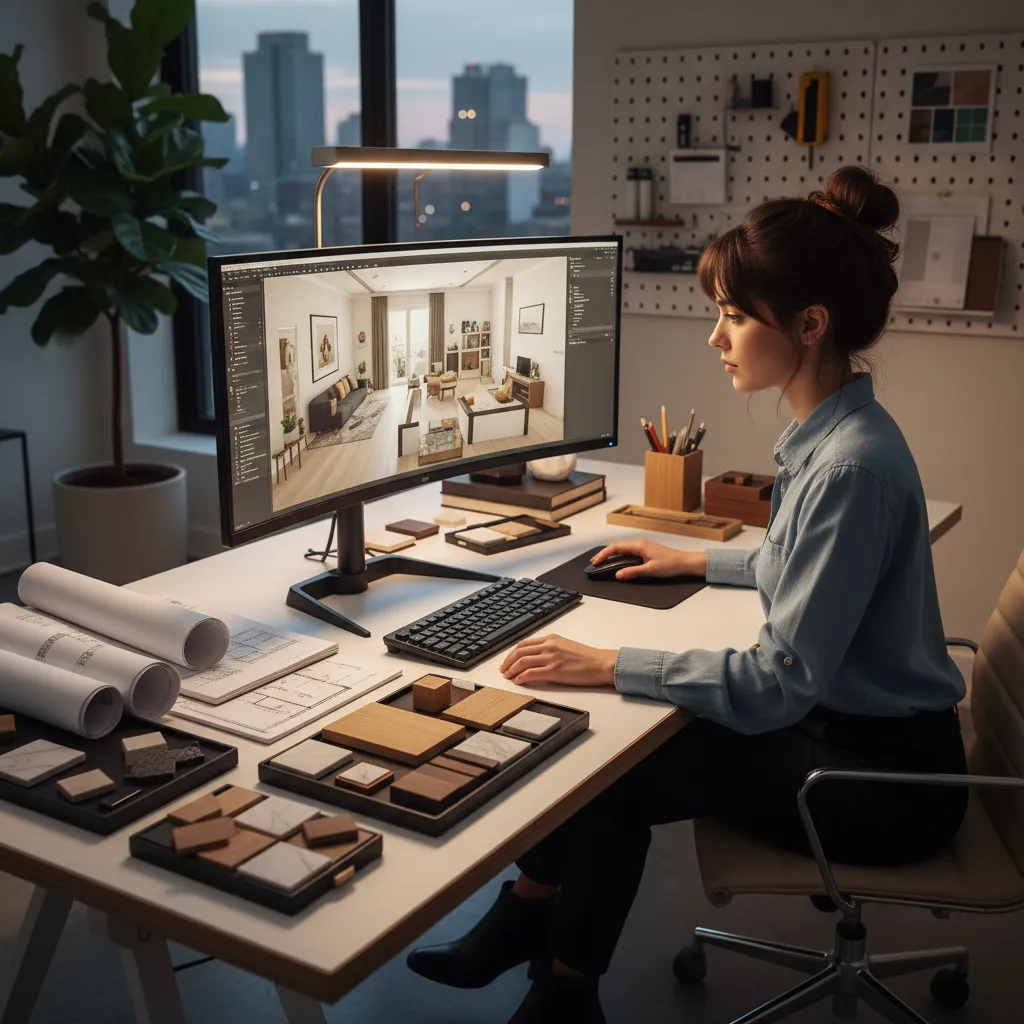 Joven diseñador trabajando en ordenador con modelo 3D de apartamento