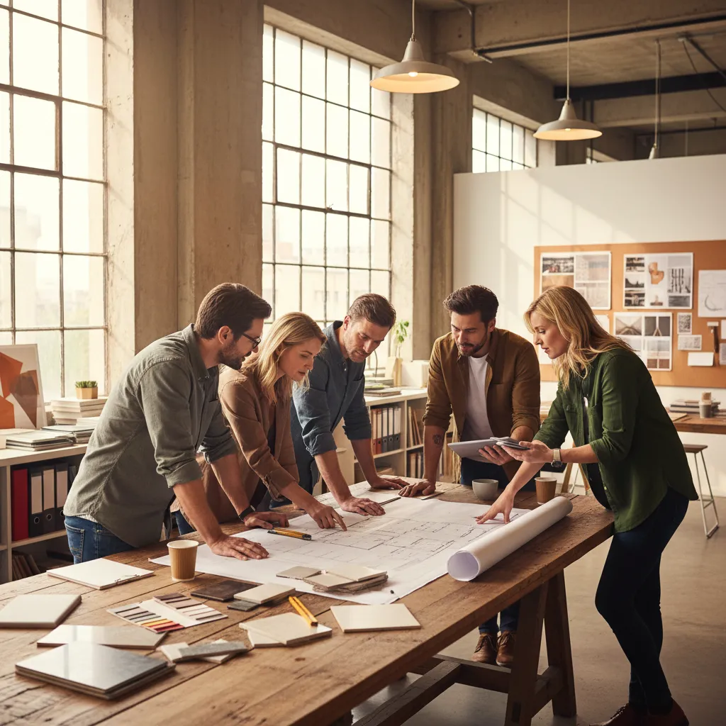 Five designers standing around a large wooden table looking at floor plan drawings in a room