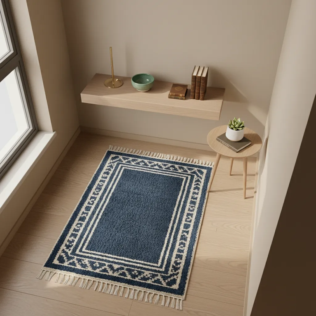Layout example of a compact prayer corner with mat and wall shelf