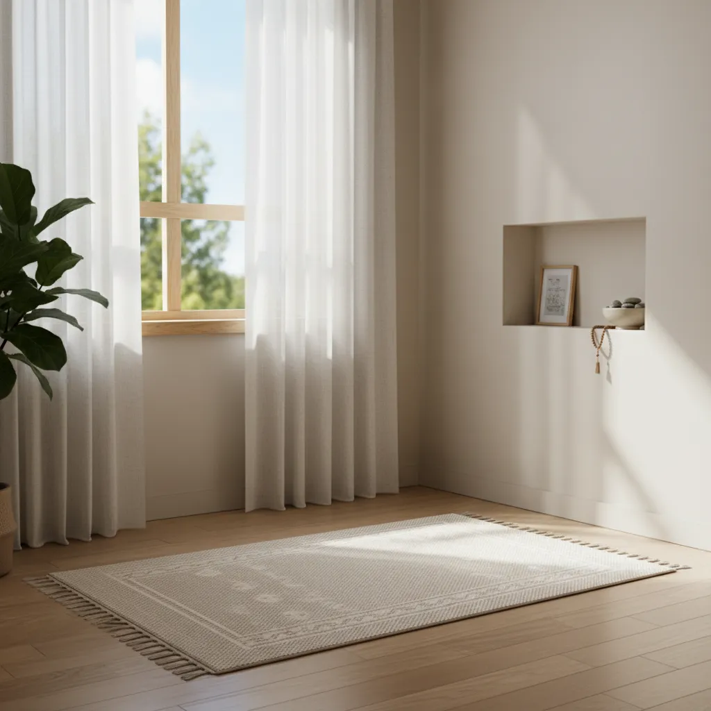 Apartment corner layout showing prayer mat placement and calm window lighting