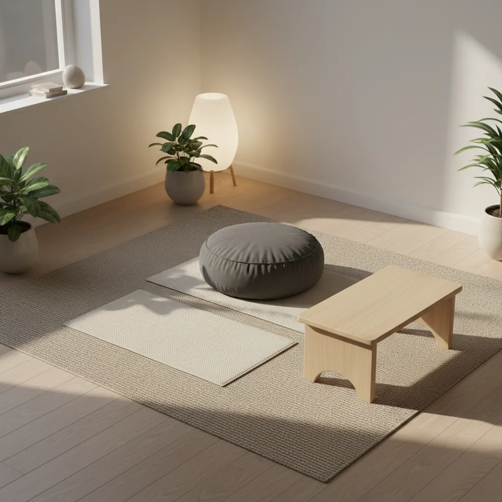 Different prayer seating options including cushion, mat, and kneeling bench