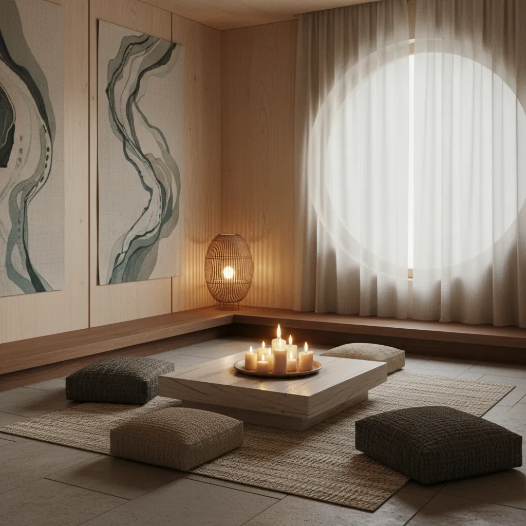 Prayer space with candles and warm ambient lighting creating peaceful atmosphere