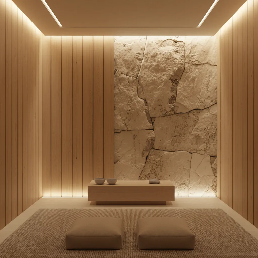 Prayer room featuring wood panels, stone wall texture and neutral decor