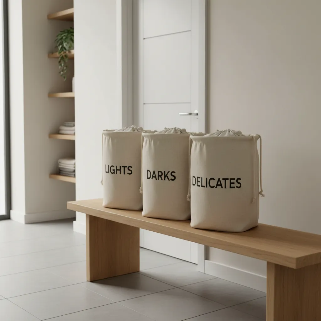 Laundry bags sorted by colors before entering shared laundry room